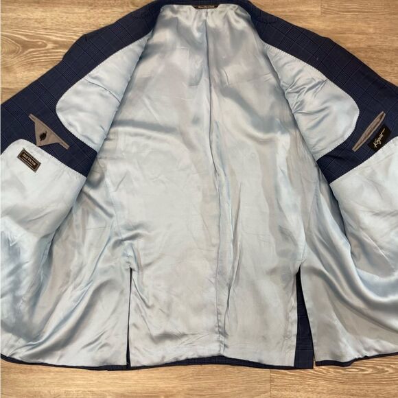 Jack Victor Gibson Blue Plaid Print Wool Single Breast Blazer Jacket 56R - Picture 4 of 12